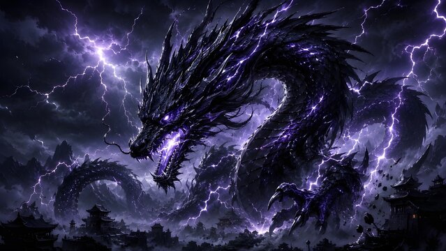 A massive dark fantasy dragon radiating powerful and magical purple lightning energy, hovering over a traditional mountain village during a violent storm. Generative AI.