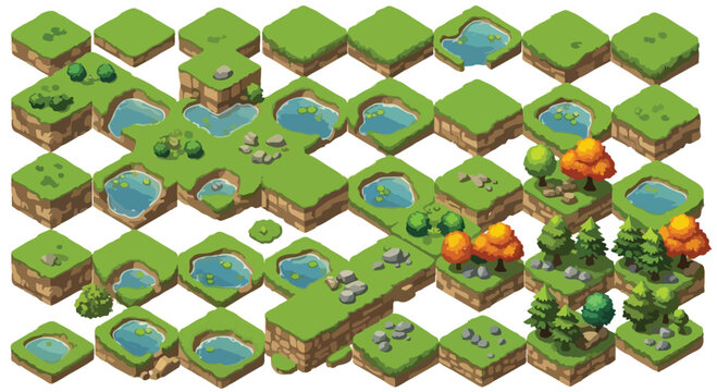 Isometric game tileset with green grass and water, modular landscape map elements for mobile gaming, 2D environment vector assets