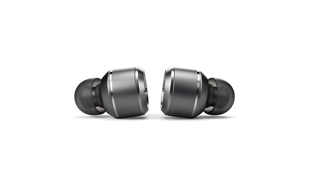 A pair of modern dark grey wireless earbuds are placed symmetrically against a white.