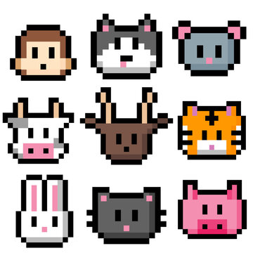 Collection of charming pixelated animal faces, cute retro game style digital art icons for diverse design projects
