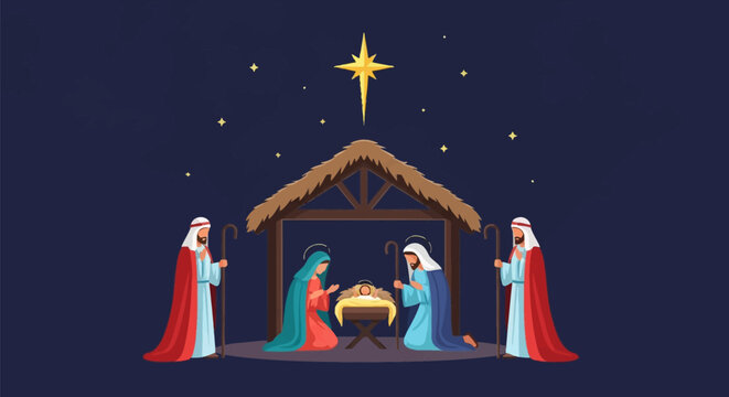 Christmas nativity scene vector illustration with Mary, Joseph, and baby Jesus in a manger inside a wooden stable, featuring shepherds, the Star of Bethlehem, and a starry night sky.