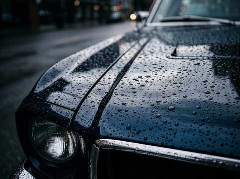 Cinematic front view of a wet blue classic muscle car with raindrops on the hood and an iconic round headlight on a city street.