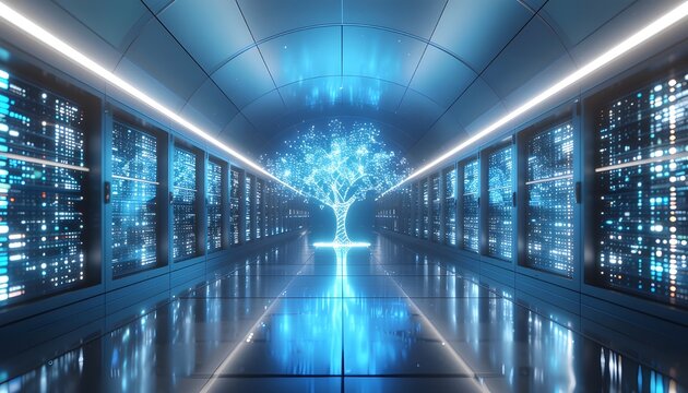 Modern Data Center Server Room with Luminous Digital Data Tree Hologram to Represent Eco Friendly Tech Infrastructure