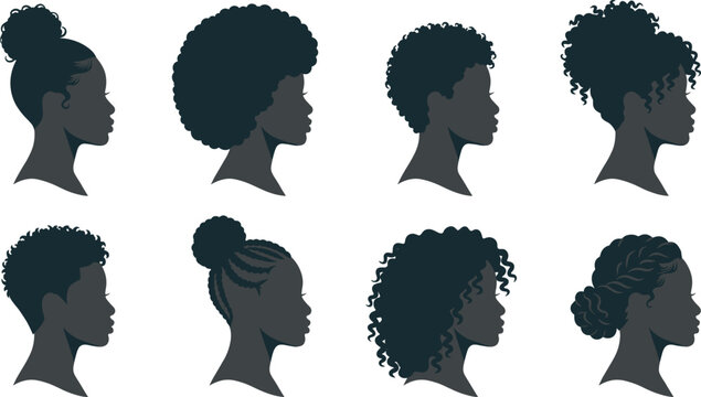 Elegant African woman hairstyle silhouette collection showcasing diverse natural hair textures, braids, curls, and afro styles