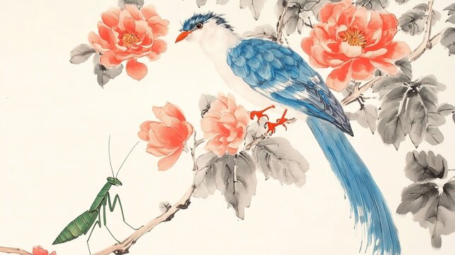 Vertical ink watercolor traditional Chinese style blue white bird elongated tail descending upper right to lower center red flowers green foliage loose brushstroke vines extending downward bottom left