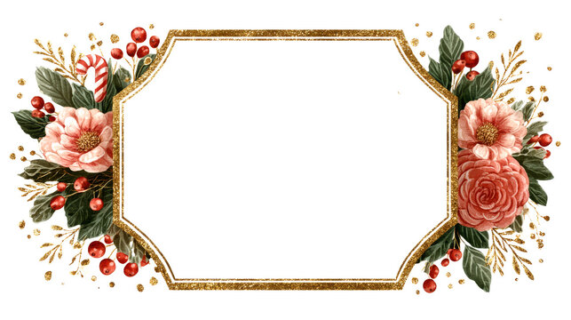 A golden, ornate frame decorated with lush holiday florals, red berries, and green foliage, centered against a plain background, creating a festive and elegant border for seasonal content.
