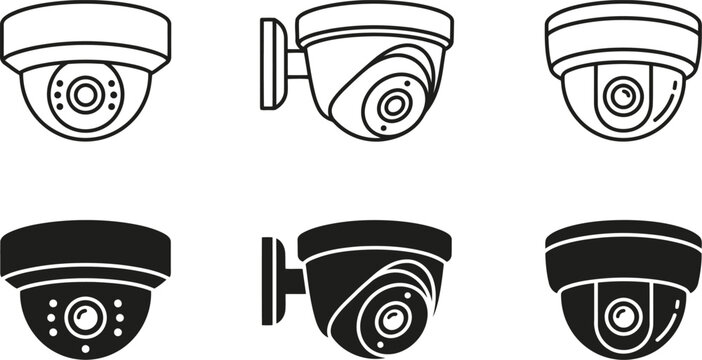 Set of Six CCTV Security Camera Icons, Line Art and Silhouette Styles
