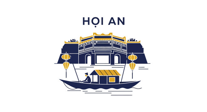 Colorful illustration of Hoi An ancient boat and bridge.