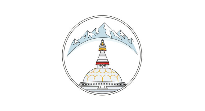 Illustrated Stupa with Mountainous Background Design Element.