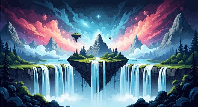 Digital illustration of a surreal fantasy landscape with floating islands, massive waterfalls, pine forests, and jagged mountains under a vibrant nebula sky with stars.