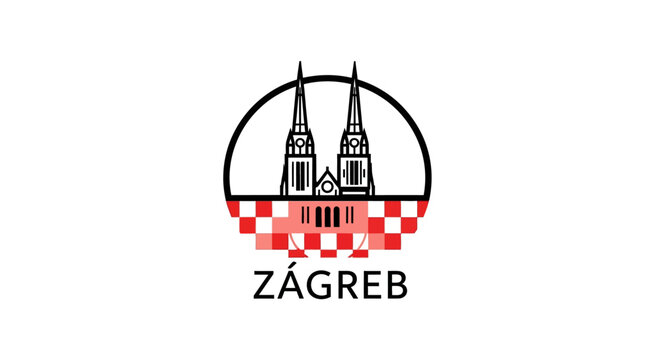 Iconic Zagreb Cathedral Illustration With Checkered Pattern.