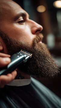 Barber works on beard fade in luxury barbershop with focus on trimmer and skin detail