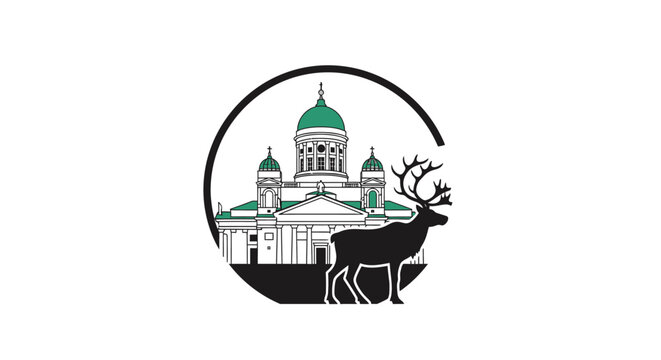 Illustrated Cathedral and Elk in Circular Frame Design.