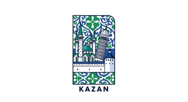 Colorful Illustrated Kazan City Skyline and Trees Artwork.