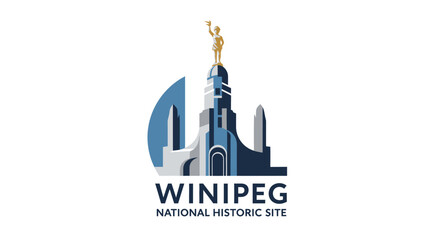 Fototapeta premium Illustrated historic landmark with golden statue emblem.