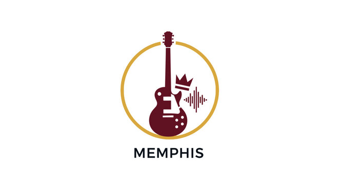Vintage Electric Guitar Logo Design with Crown and Soundwave.