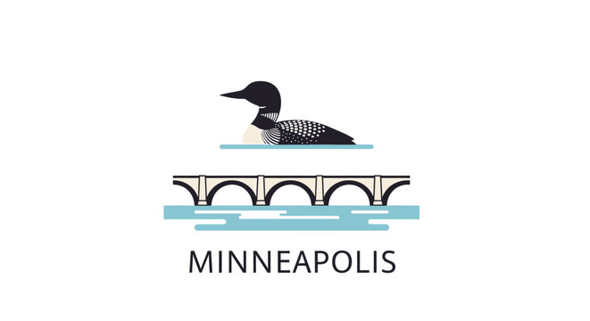 Illustrated loon bird swimming above city bridge icon.
