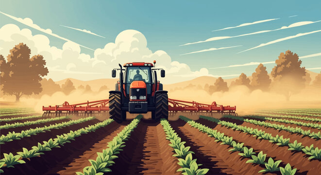 Vector illustration of a red tractor cultivating rows of green seedlings in a sunlit agricultural field with dust clouds rising from the tilled earth and trees in the background.