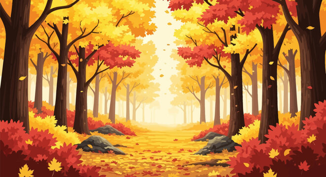 Vector illustration of a vibrant autumn forest scene with deciduous trees in shades of red, orange, and yellow, featuring a path through fallen leaves and scattered grey rocks.