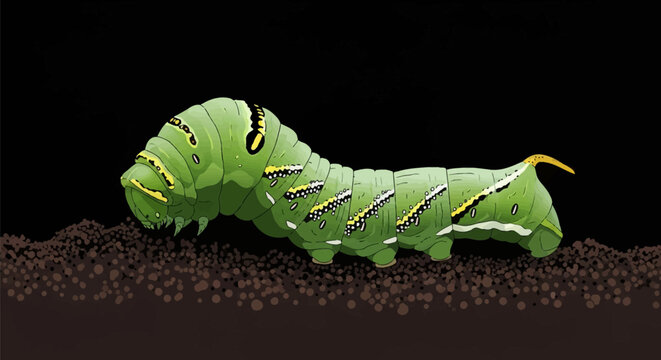 Vibrant green caterpillar illustration with black and yellow markings crawling on dark soil against a black background, showing detailed body segments, prolegs, and larval features.