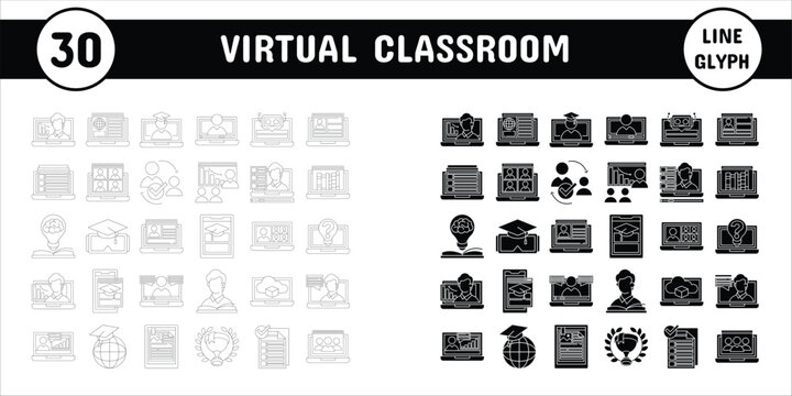 Virtual Classroom Line Glyph Vector Illustration Icon Sticker Set Design Materials