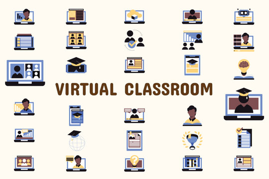 Virtual Classroom Flat Vector Illustration Icon Sticker Set Design Materials