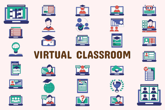 Virtual Classroom Lineal Color Vector Illustration Icon Sticker Set Design Materials