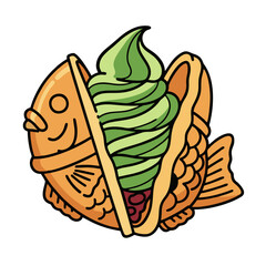 Fototapeta premium Japanese Taiyaki Fish Shaped Waffle with Matcha Green Tea Soft Serve Ice Cream Vector Illustration