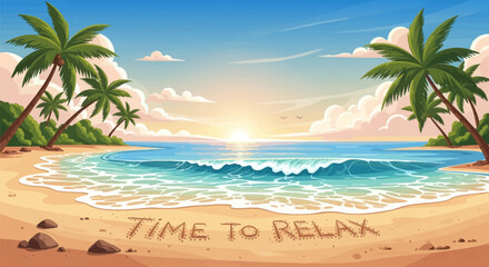 Obraz premium Tropical beach vector illustration with Time to Relax written in the sand, palm trees, blue ocean waves with white foam, and a sunset over the sea horizon under a cloudy bright sky.