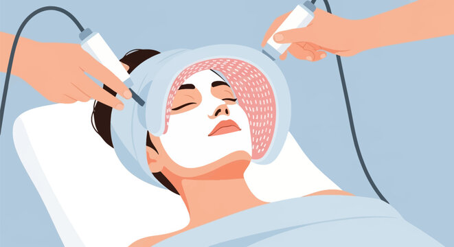 Vector illustration of a woman receiving professional facial skincare treatments using an LED light therapy arc and handheld electrotherapy probes in a clinic or medical spa.