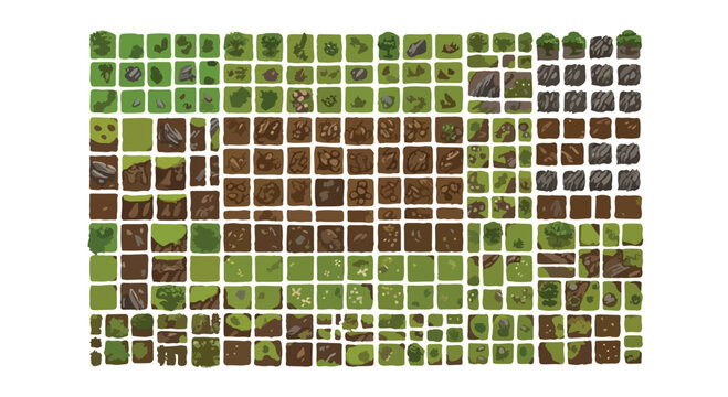 Pixel art game tileset collection, retro 8-bit nature environment assets, green grass and brown earth terrain blocks for video game level design