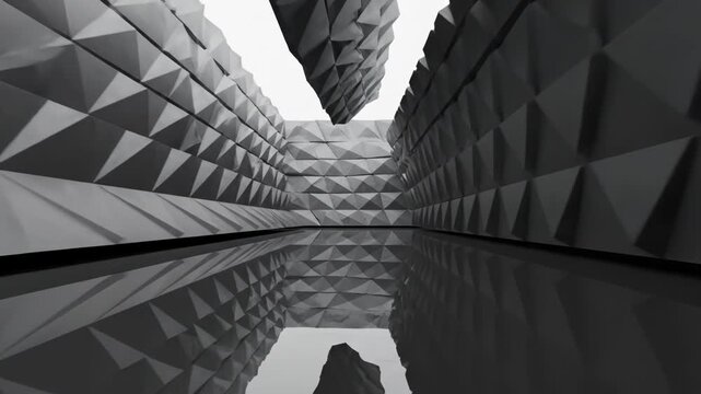 Abstract modern architectural interior featuring grey geometric triangular textured wall panels and a glossy reflective floor reflecting the structures and white ceiling.