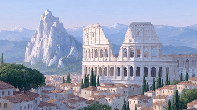 An idealized, cinematic view of the Colosseum situated within an ancient Italian city, set against a backdrop of dramatic jagged mountains under a soft, clear sky.