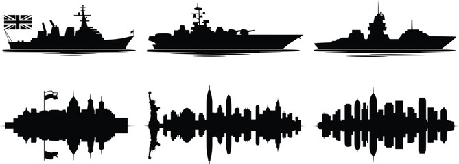 Military Warship Silhouettes and City Skyline Reflections Vector Set with Naval and Urban Black Illustrations © MDSHOHANUR