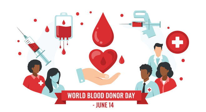 World Blood Donor Day June 14 banner, medical donation concept with heart and blood drop, healthcare professionals and volunteers vector illustration