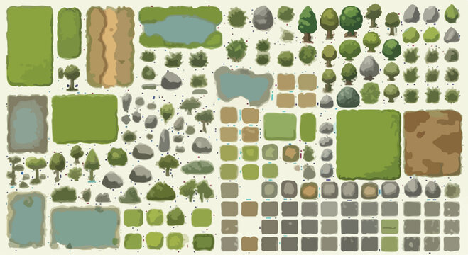 Cartoon nature game assets vector set, stylized landscape environment elements with trees and rocks, green grass tiles and water ponds for map design