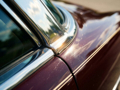 Close-up shot of a classic vintage car focusing on the polished chrome window molding and deep burgundy metallic paint with pinstripes.