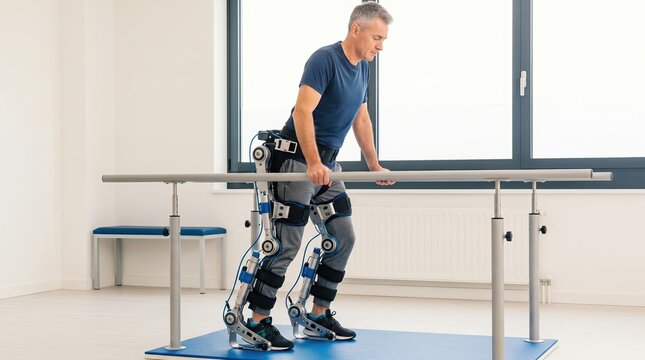 rehabilitation therapy robot concept. Man wearing a robotic exoskeleton practicing walking with parallel bars in a rehabilitation center.