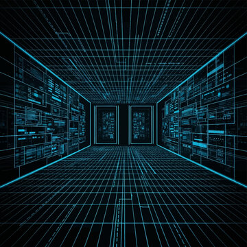 Futuristic digital data center with cyan wireframe grid on floor and ceiling, walls displaying server interfaces, code, and data visualizations in a one-point perspective layout.