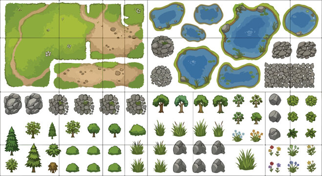 Top-down game map assets, nature environment constructor kit with trees and lakes, 2D landscape vector elements for level design