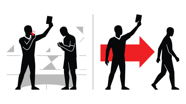 Referee silhouettes showing red card and player ejection black figures on white background arbitrator official umpire sportsman dismissal expulsion penalty redcard signal gesture action silhouette