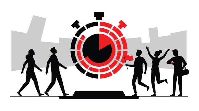 Silhouette of people and a stopwatch vector illustration with a white background figures human group team athletes fans celebration victory running walking timer clock time