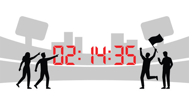 Soccer game timer with running silhouettes a vector illustration in red and gray football match sport stadium clock time countdown figures people graphic competition athletic