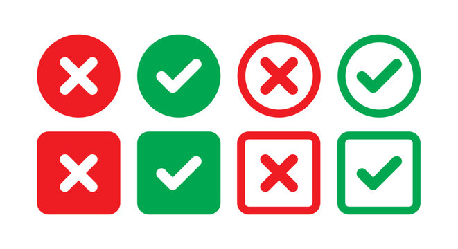 Check mark icon set. . Check box icon with right and wrong buttons and yes or no checkmark icons in green tick box and red cross. vector illustration and transparent png .