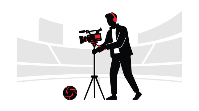 Silhouette of cameraman operating a video camera at a stadium black and white graphic operator filmmaker videographer recording broadcasting arena sports soccer football game match