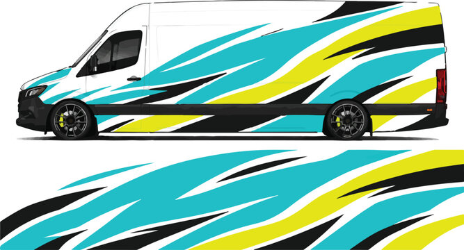Colorful van with abstract design.
