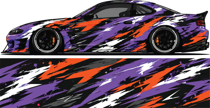 Purple sports car with flames design.