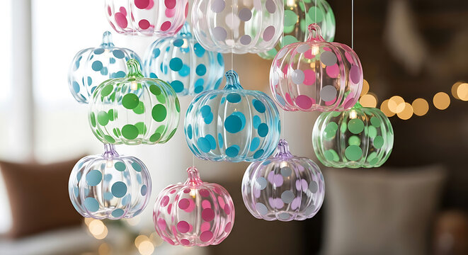 Colorful polka dot glass pumpkins hanging with bokeh lights background fall autumn