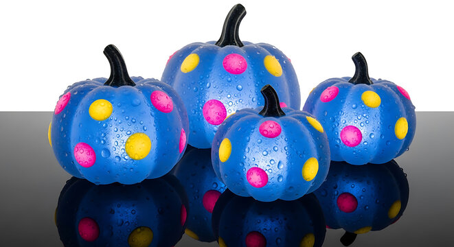 Four blue polka dot pumpkins with water droplets on reflective surface image