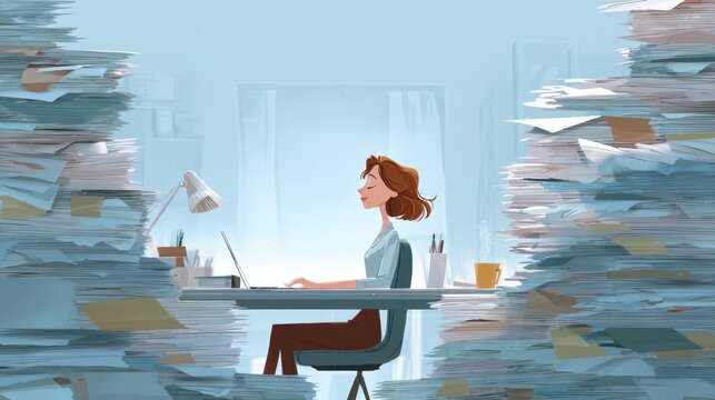 14.Workplace scene showing a peaceful office worker isolated from overwhelming paperwork and digital overload, relaxed posture, subtle glow of calm energy, conceptual illustration of productivity